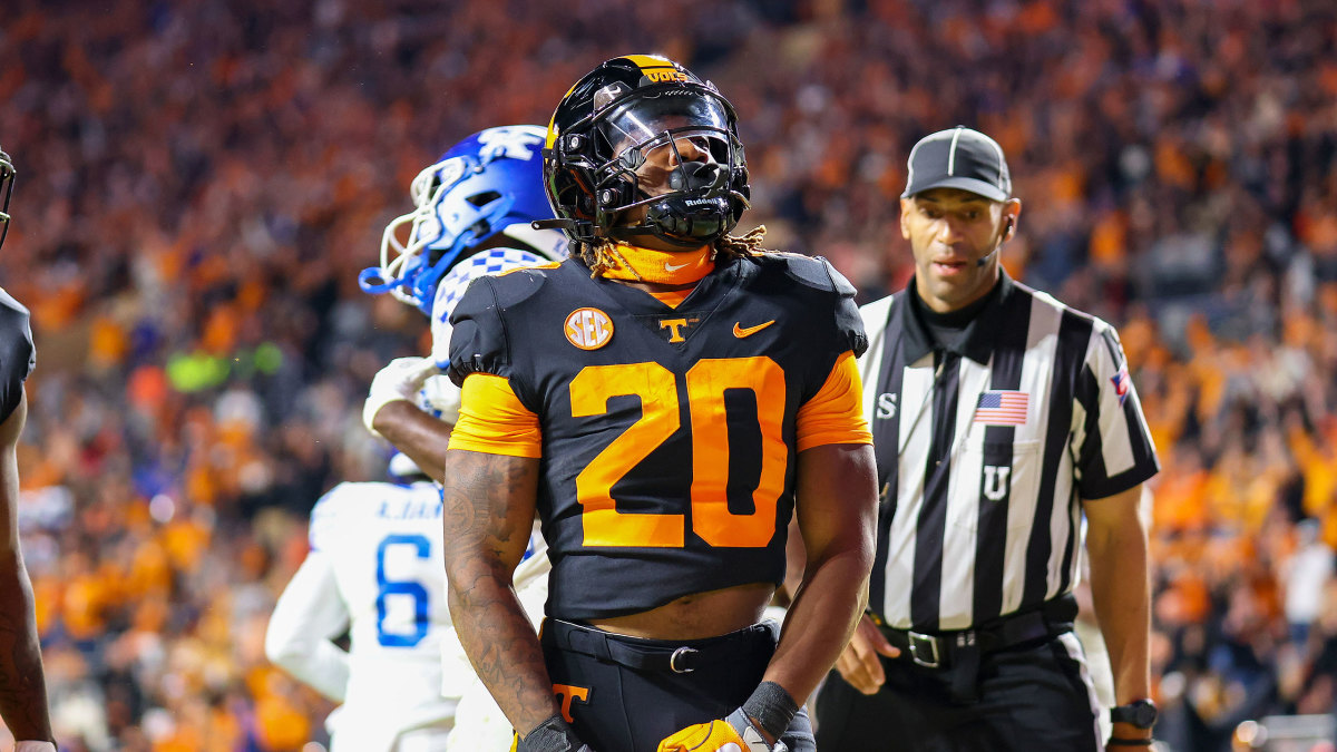Tennessee’s Jaylen Wright reacts after scoring a touchdown